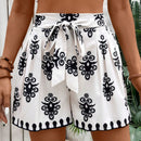VCAY Shorts casuales de verano para vacaciones con estampado completo para mujer con cinturon