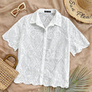 Camisa blanca suelta para mujeres con bordado de textura y patron floral quemado, adecuada para vacaciones, playa, temporada de graduacion, fiesta de Pascua, almuerzo y salidas de te por la tarde
