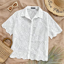 Camisa blanca suelta para mujeres con bordado de textura y patron floral quemado, adecuada para vacaciones, playa, temporada de graduacion, fiesta de Pascua, almuerzo y salidas de te por la tarde