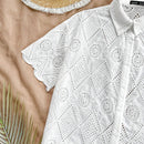 Camisa blanca suelta para mujeres con bordado de textura y patron floral quemado, adecuada para vacaciones, playa, temporada de graduacion, fiesta de Pascua, almuerzo y salidas de te por la tarde
