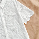 Camisa blanca suelta para mujeres con bordado de textura y patron floral quemado, adecuada para vacaciones, playa, temporada de graduacion, fiesta de Pascua, almuerzo y salidas de te por la tarde