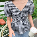 NEW DAZY Camisa de damas a cuadros con mangas cortas, cuello en V, y cremallera