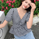 NEW DAZY Camisa de damas a cuadros con mangas cortas, cuello en V, y cremallera