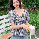 NEW DAZY Camisa de damas a cuadros con mangas cortas, cuello en V, y cremallera