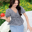 NEW DAZY Camisa de damas a cuadros con mangas cortas, cuello en V, y cremallera