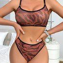 Conjunto de sujetador transparente inalambrico para mujer con ribete de bloques de color y braguita de triangulo