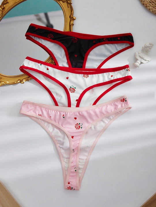 Bottom de bikini de tanga con ribete festoneado y estampado floral para mujer