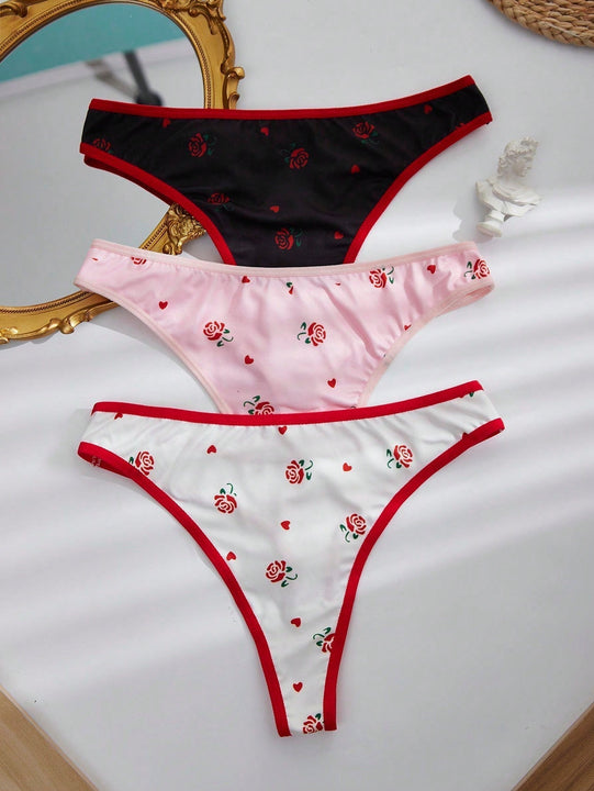 Bottom de bikini de tanga con ribete festoneado y estampado floral para mujer