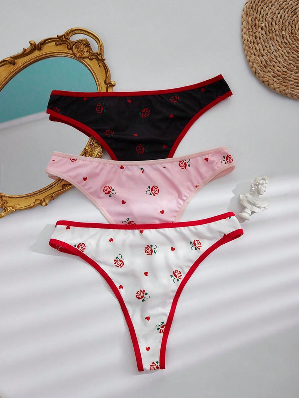 Bottom de bikini de tanga con ribete festoneado y estampado floral para mujer