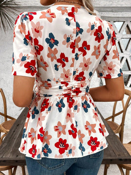 Blusa de verano de cintura plisada con estampado floral para damas