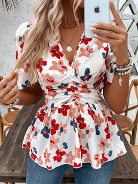 Blusa de verano de cintura plisada con estampado floral para damas
