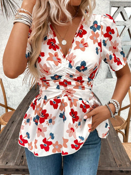 Blusa de verano de cintura plisada con estampado floral para damas