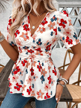 Blusa de verano de cintura plisada con estampado floral para damas