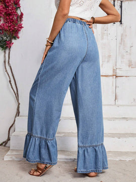LUNE Pantalones Jeans de unicolor con dobladillo y bolsillos de volante para uso casual