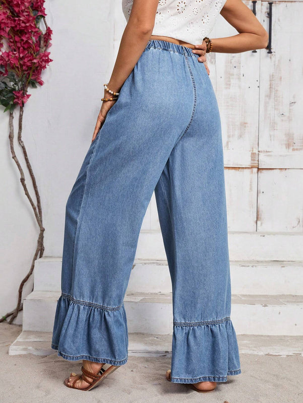 LUNE Pantalones Jeans de unicolor con dobladillo y bolsillos de volante para uso casual