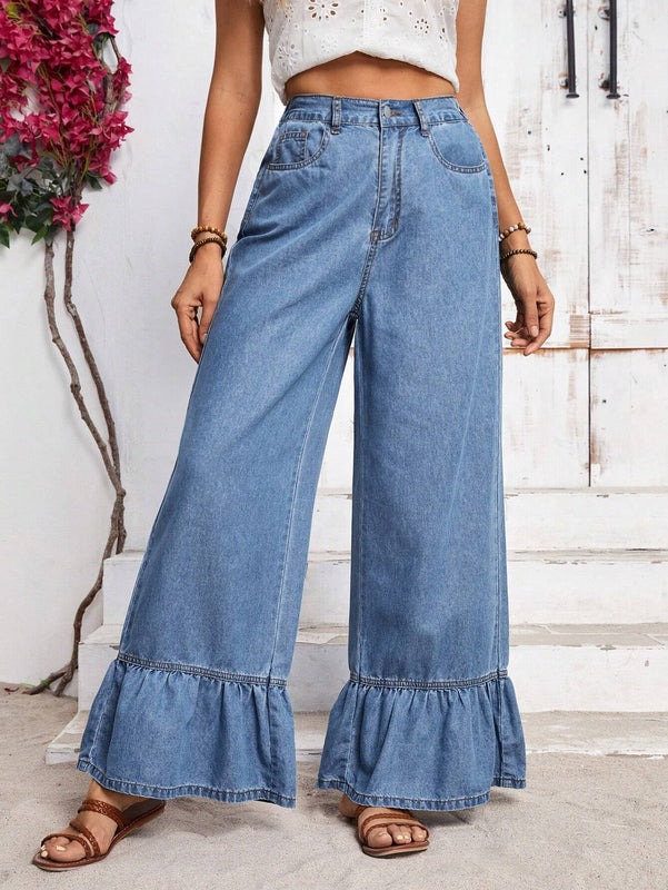 LUNE Pantalones Jeans de unicolor con dobladillo y bolsillos de volante para uso casual