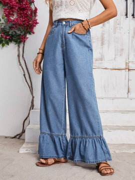 LUNE Pantalones Jeans de unicolor con dobladillo y bolsillos de volante para uso casual