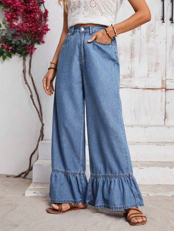 LUNE Pantalones Jeans de unicolor con dobladillo y bolsillos de volante para uso casual