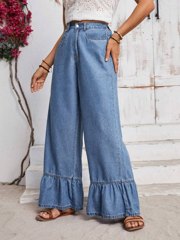 LUNE Pantalones Jeans de unicolor con dobladillo y bolsillos de volante para uso casual