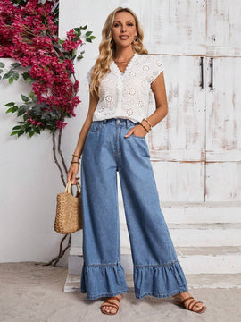 LUNE Pantalones Jeans de unicolor con dobladillo y bolsillos de volante para uso casual