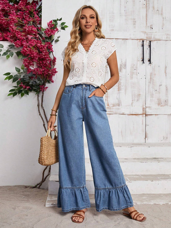 LUNE Pantalones Jeans de unicolor con dobladillo y bolsillos de volante para uso casual