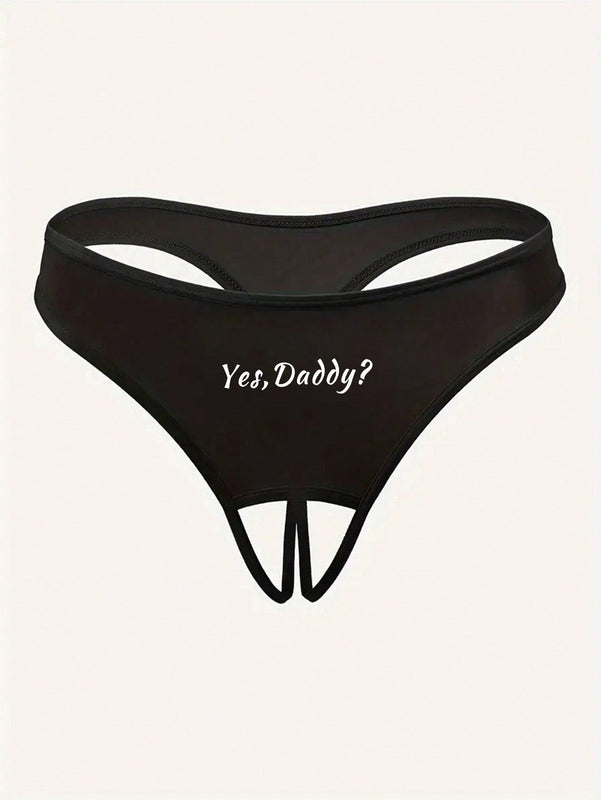 Sexy Tangas sin costuras para damas con estampado de letras blancas y entrepierna abierta