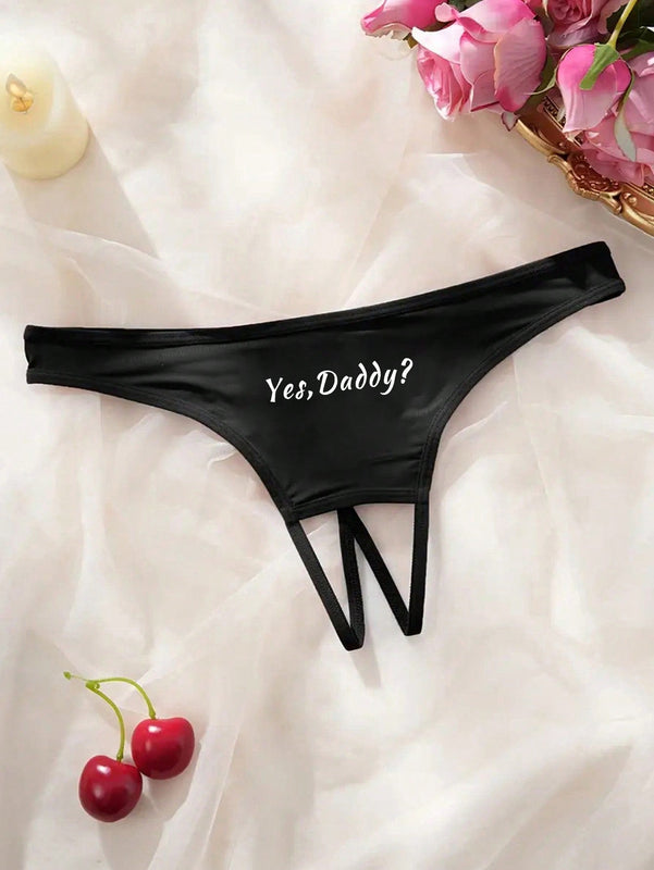 Sexy Tangas sin costuras para damas con estampado de letras blancas y entrepierna abierta