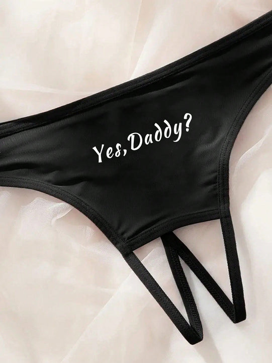 Sexy Tangas sin costuras para damas con estampado de letras blancas y entrepierna abierta