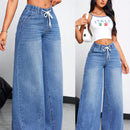 EZwear Jeans casuales holgados de pierna ancha para mujer con cintura alta y cinturon anudado