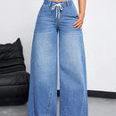 EZwear Jeans casuales holgados de pierna ancha para mujer con cintura alta y cinturon anudado