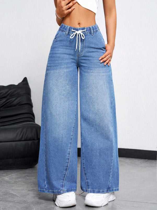 EZwear Jeans casuales holgados de pierna ancha para mujer con cintura alta y cinturon anudado