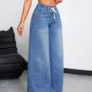 EZwear Jeans casuales holgados de pierna ancha para mujer con cintura alta y cinturon anudado