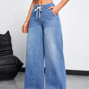 EZwear Jeans casuales holgados de pierna ancha para mujer con cintura alta y cinturon anudado