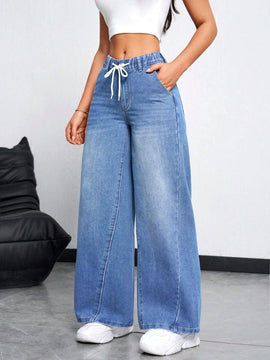 EZwear Jeans casuales holgados de pierna ancha para mujer con cintura alta y cinturon anudado