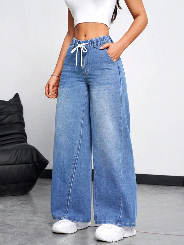 EZwear Jeans casuales holgados de pierna ancha para mujer con cintura alta y cinturon anudado