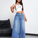 EZwear Jeans casuales holgados de pierna ancha para mujer con cintura alta y cinturon anudado