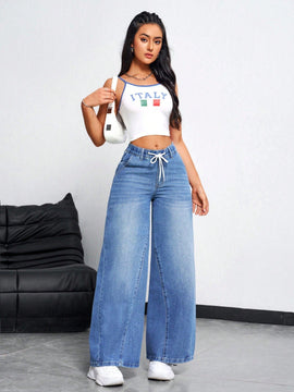 EZwear Jeans casuales holgados de pierna ancha para mujer con cintura alta y cinturon anudado