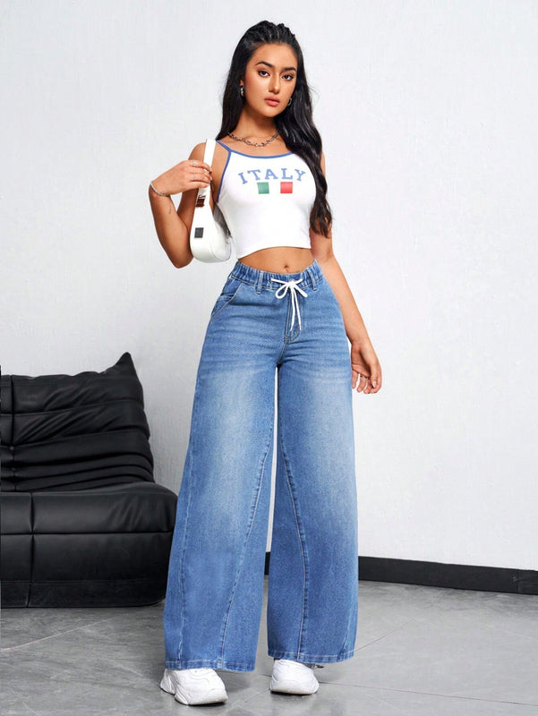 EZwear Jeans casuales holgados de pierna ancha para mujer con cintura alta y cinturon anudado