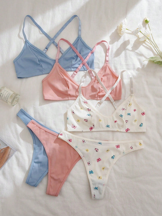 Conjunto de lenceria de 6 piezas con sujetador cruzado y tanga de la coleccion romantica