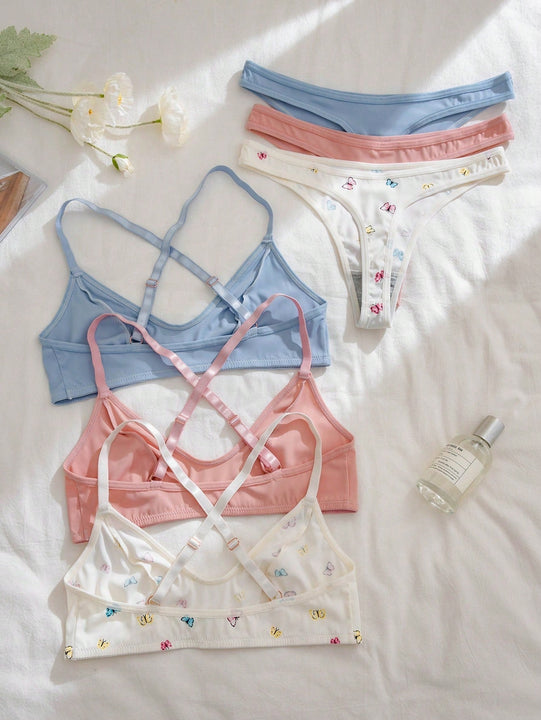 Conjunto de lenceria de 6 piezas con sujetador cruzado y tanga de la coleccion romantica