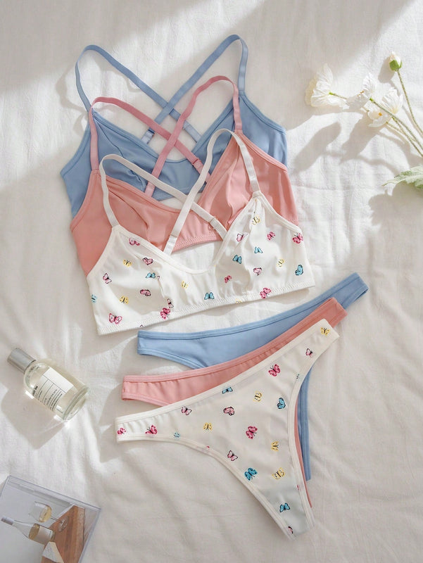 Conjunto de lenceria de 6 piezas con sujetador cruzado y tanga de la coleccion romantica
