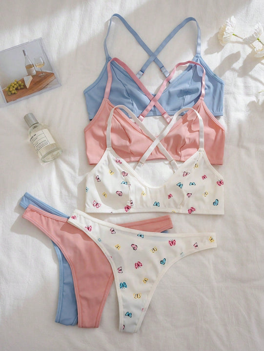 Conjunto de lenceria de 6 piezas con sujetador cruzado y tanga de la coleccion romantica