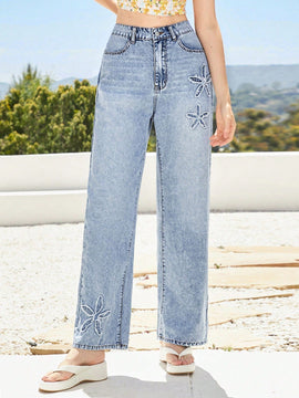 Forever 21 Jeans informales de pierna ancha con bordado grafico estilo resort