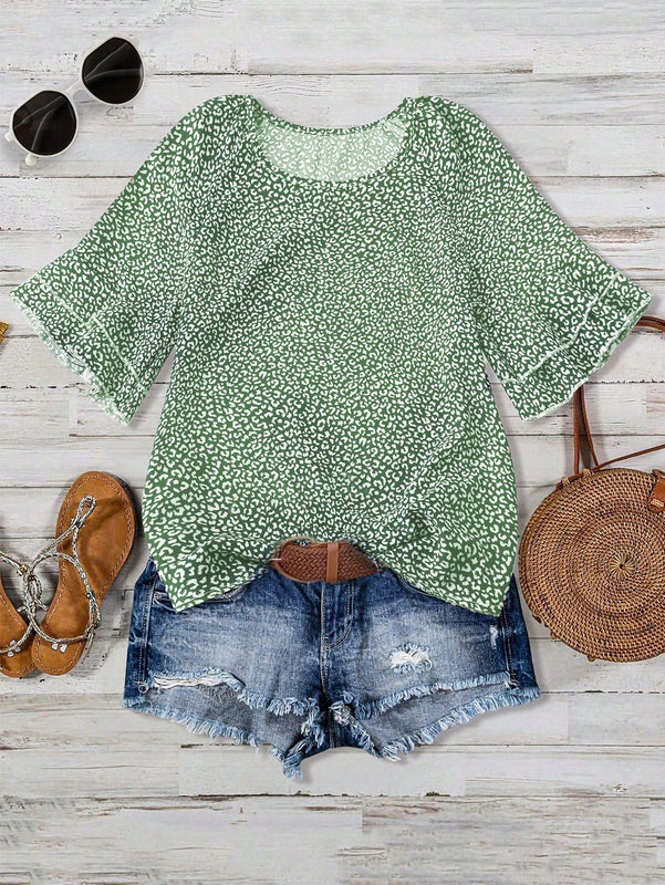 Camisa casual de mujer con cuello redondo y estampado en toda la prenda para verano