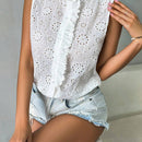 Essnce Camisa casual de verano blanca con dee de bordado y sin mangas y volantes