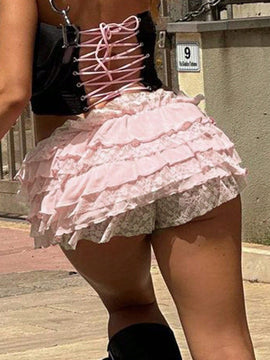 Shorts de gasa con encaje multicapa para mujer, cintura baja, con ribete de volantes