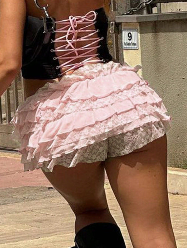 Shorts de gasa con encaje multicapa para mujer, cintura baja, con ribete de volantes