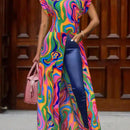 Slayr Camisa de manga larga para mujer con abertura lateral y estampado geometrico colorido