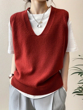 Essnce Chaleco de sueter casual de primavera con cuello en V y unicolor para mujeres