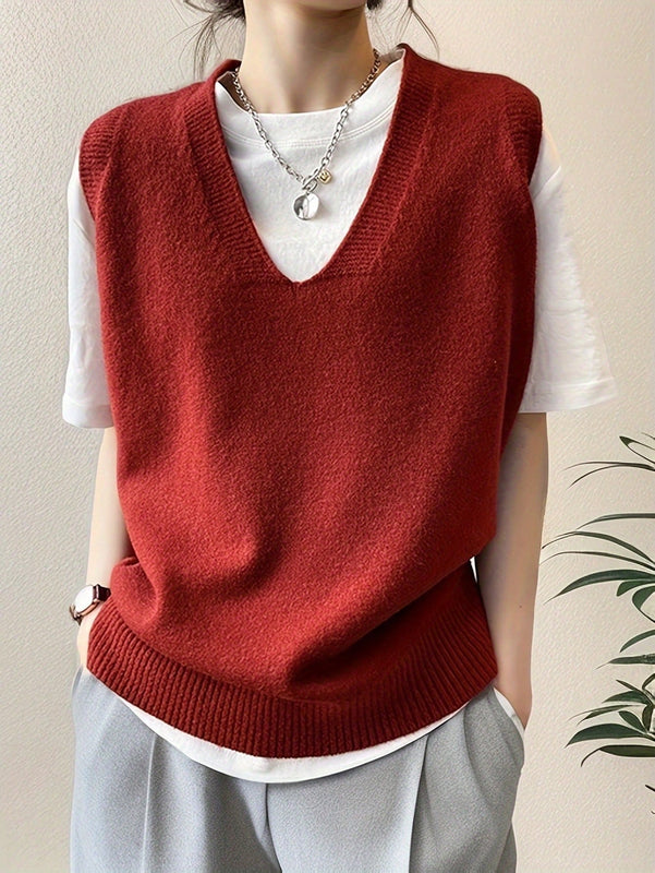 Essnce Chaleco de sueter casual de primavera con cuello en V y unicolor para mujeres